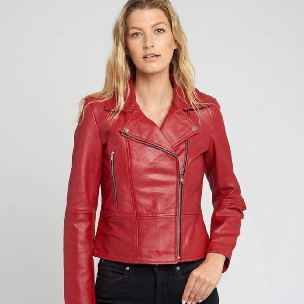 French Connection Red Faux Leather Biker Moto Jacket Quilted XXL